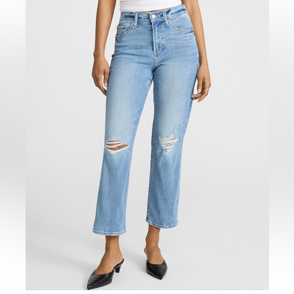 Express High Waisted Light Wash Ripped Straight Ankle Jeans